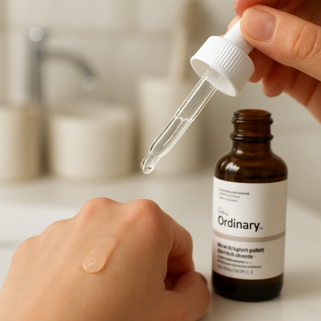 Close‑up of a dropper dispensing the ordinary multi peptide serum onto a hand, with a blurred background of a bathroom vanity. Alt: the ordinary multi peptide serum for hair density review – key ingredients visual guide.