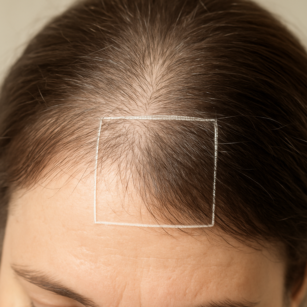 A close‑up of a person’s scalp showing a small, marked square with before‑and‑after hair density comparison, bright natural lighting, focus on increased strand count. Alt: the ordinary multi peptide serum for hair density review real‑world results visual.
