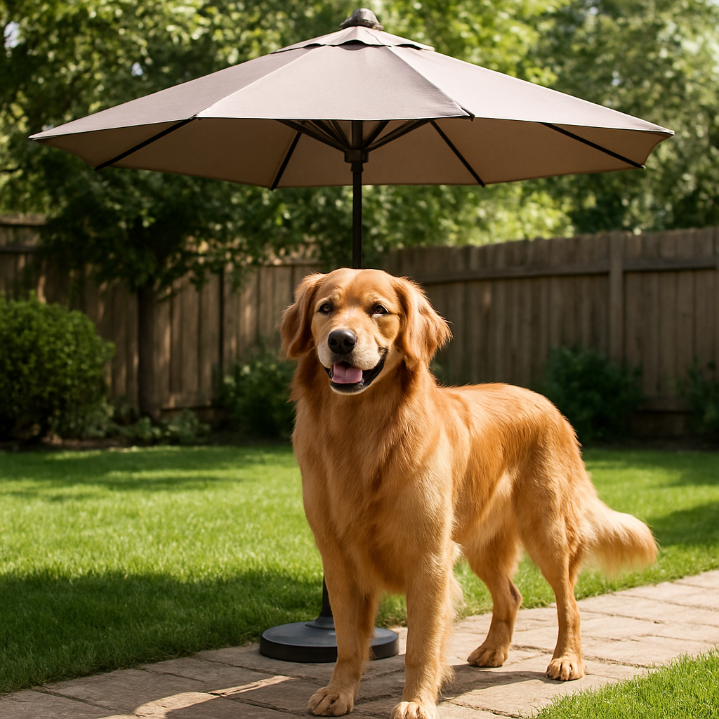 A friendly dog with a calm, shiny coat standing beside a shaded patio umbrella in a backyard. Alt: Dog enjoying a gentle bath in a shaded outdoor setting.