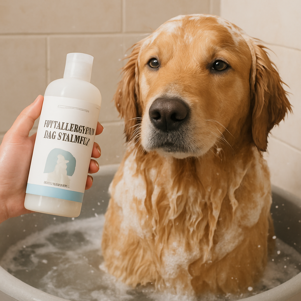 A friendly golden retriever being washed in a shallow tub with gentle water splashing, showing calm bath time. Alt: Dog bathing with hypoallergenic dog shampoo.