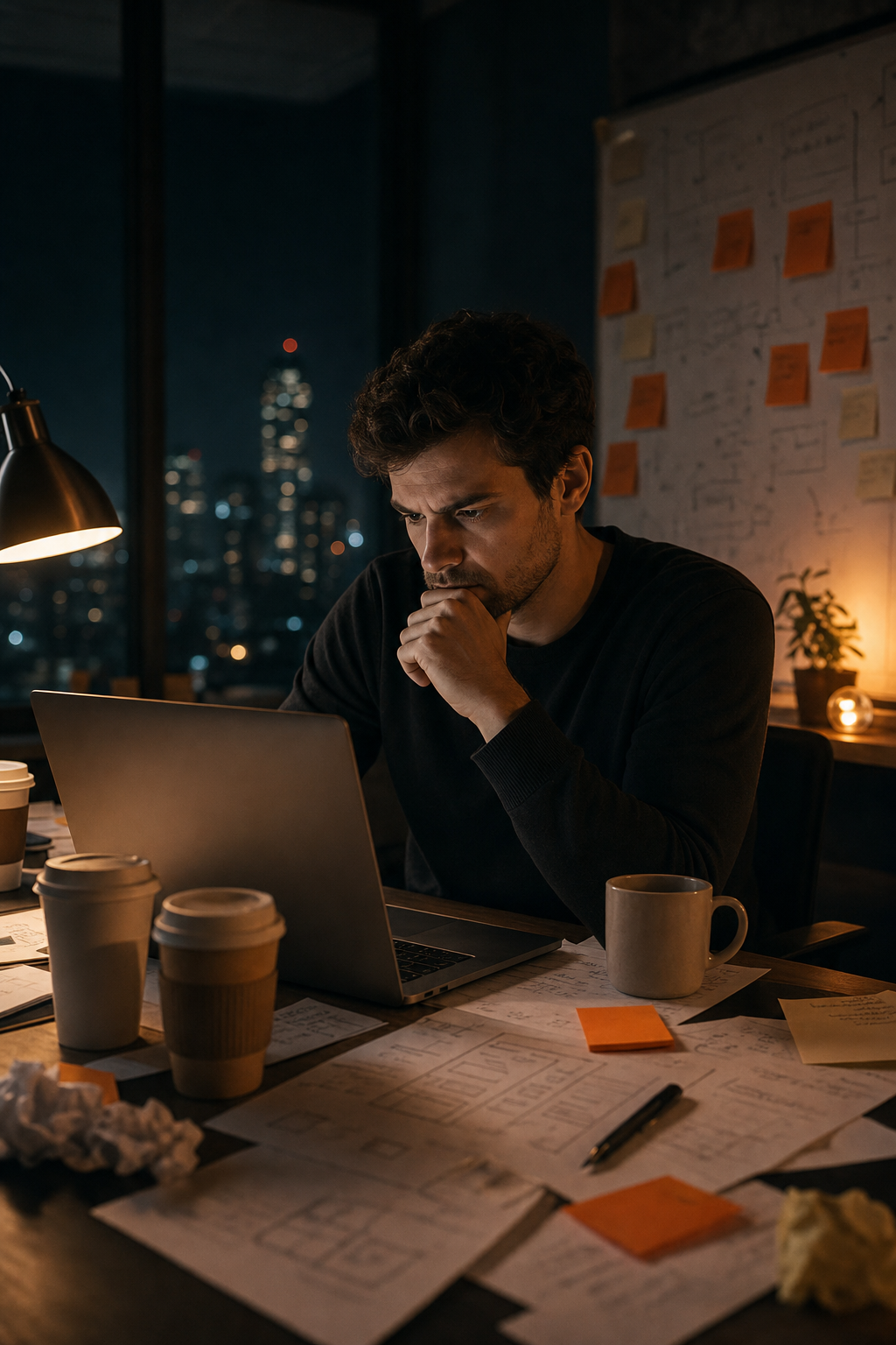 A cinematic shot of a founder working late at night on a laptop, surrounded by notes and coffee cups, with a determined expression. Alt: SaaS founder working late on business growth strategies.