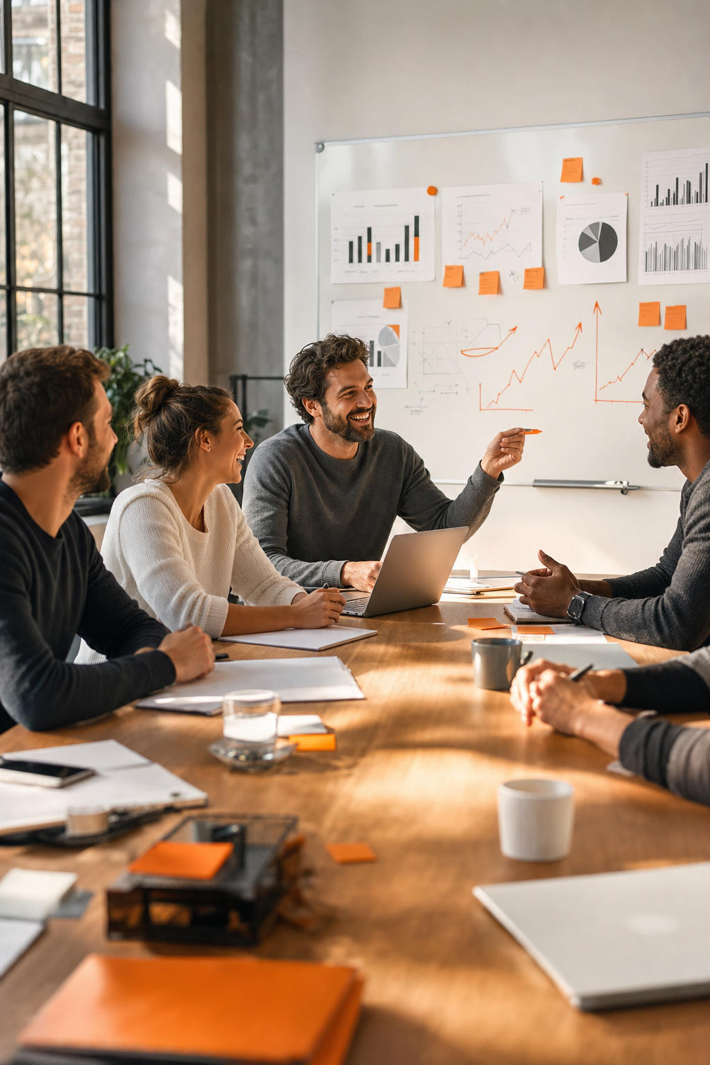 A group of founders sitting around a table in a bright meeting room, laughing and discussing charts on a whiteboard. Alt: SaaS mastermind group collaborating and sharing growth strategies.