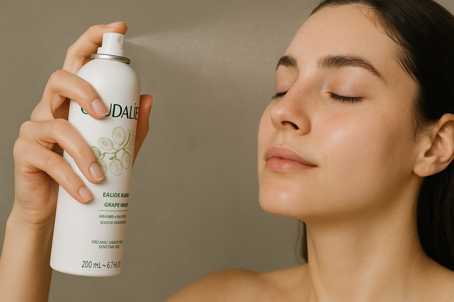 Bottle of Caudalie Grape Water mist spraying gently over a serene female face. Alt: Prebiotic face mist benefits with organic grape water serum on sensitive skin.