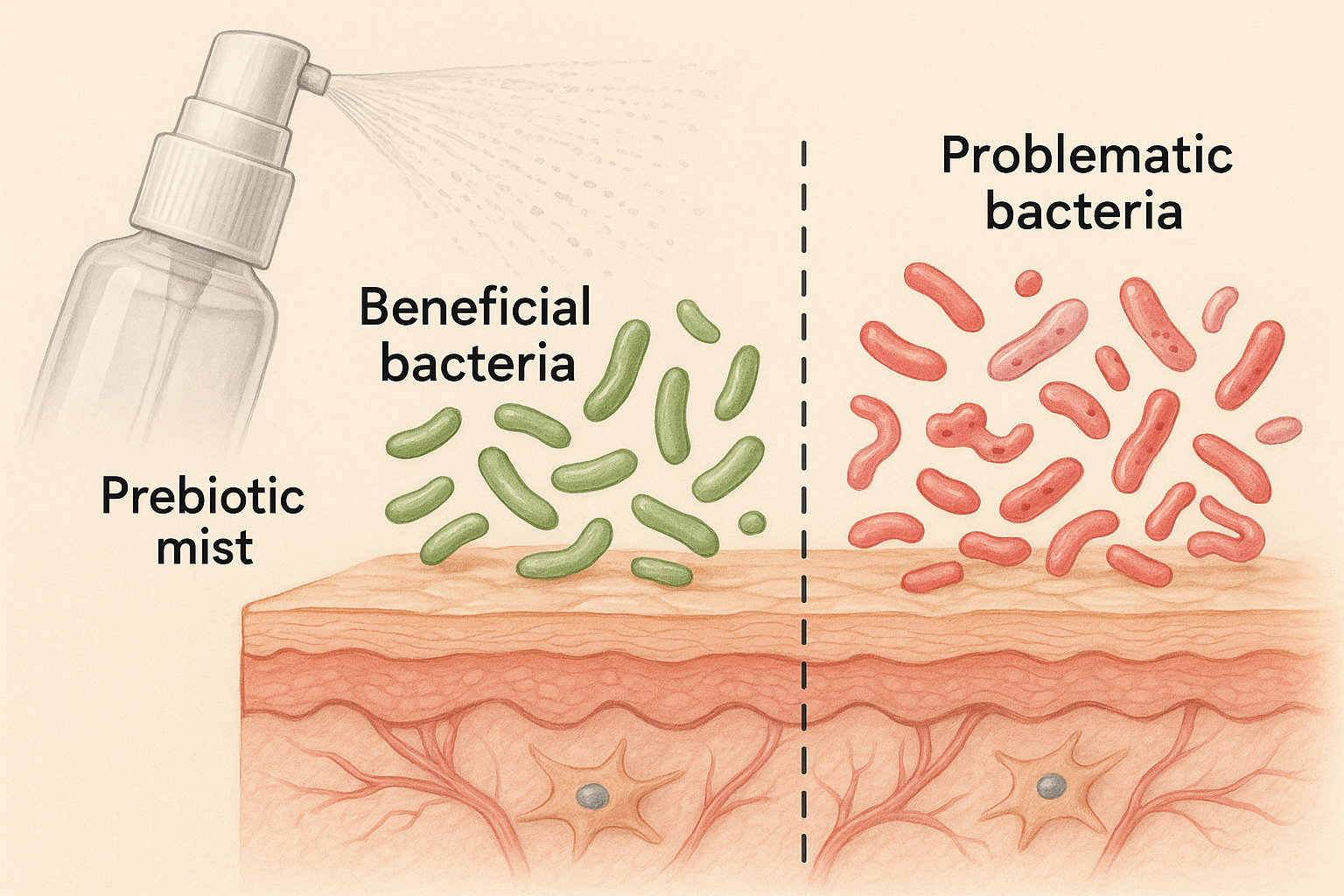 Microbiome bacteria illustration showing beneficial vs problematic bacteria balance on skin. Alt: Prebiotic face mist benefits explained through skin microbiome balance.