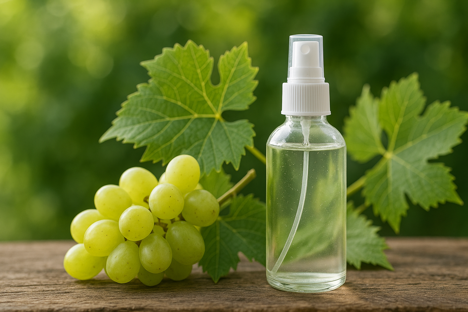 A serene, natural setting showing ingredients like grapes and leaves used in prebiotic face mists. Alt: Ingredients delivering prebiotic face mist benefits with organic plant extracts.
