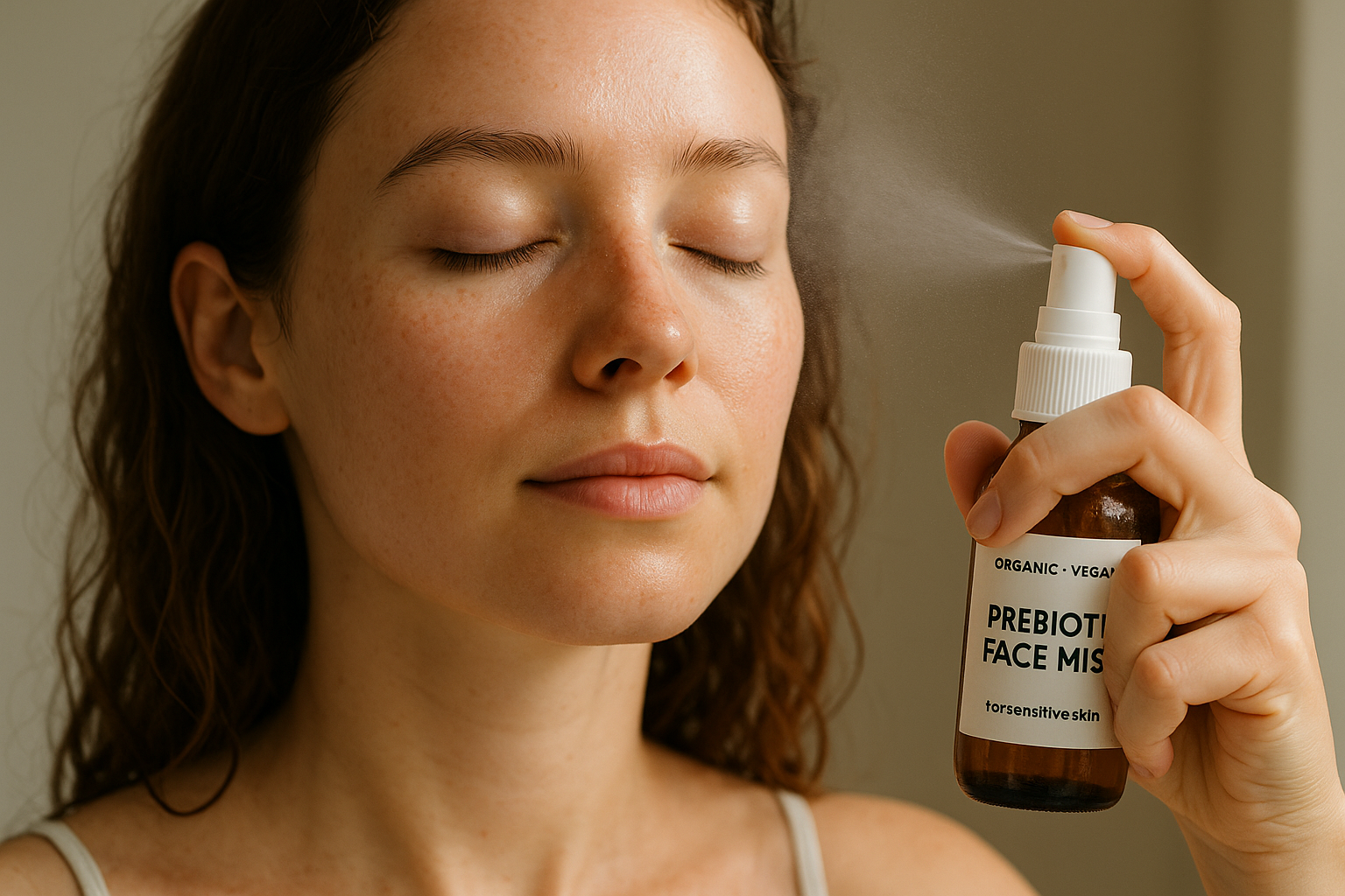 Close-up of woman gently misting her face with an organic, vegan prebiotic face mist. Alt: personalized prebiotic face mist benefits for sensitive skin routine.
