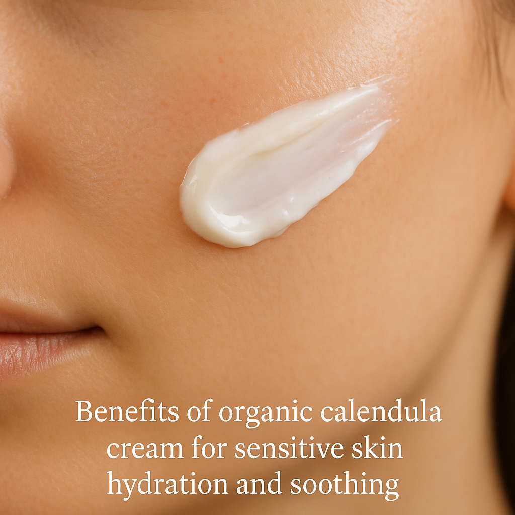 A close-up of soft, hydrated skin after applying organic calendula cream. Alt: Benefits of organic calendula cream for sensitive skin hydration and soothing