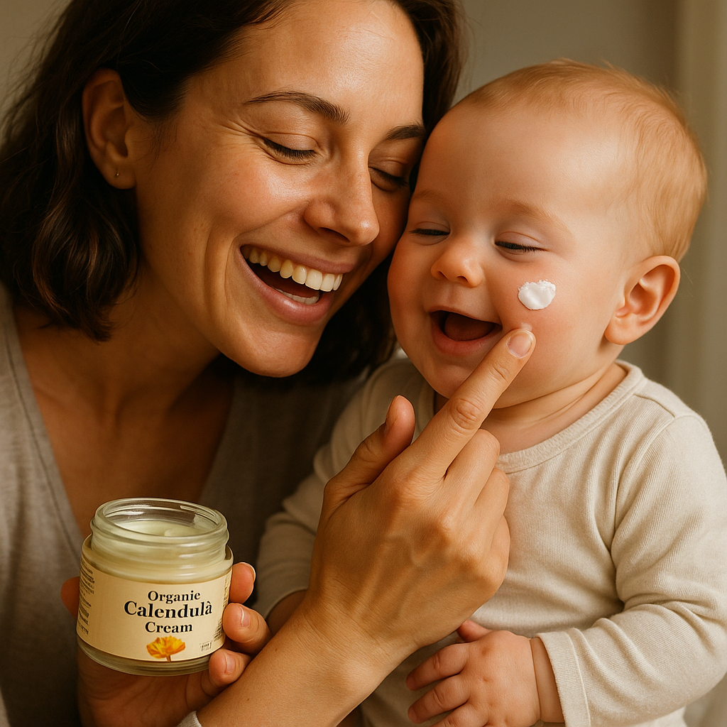 A joyful mother gently applying organic calendula cream to a baby’s soft cheeks. Alt: Organic calendula cream benefits for sensitive baby skin hydration and calming