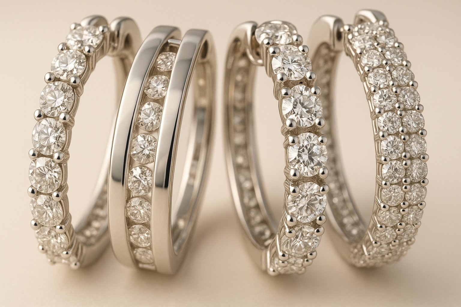 Close-up of different diamond hoop earrings showcasing various styles and settings. Alt: Variety of diamond hoop earrings displayed.