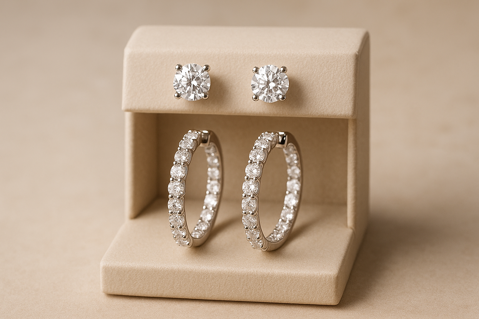 An elegant display of diamond studs alongside diamond hoops. Alt: Comparison of diamond studs and hoops on display.