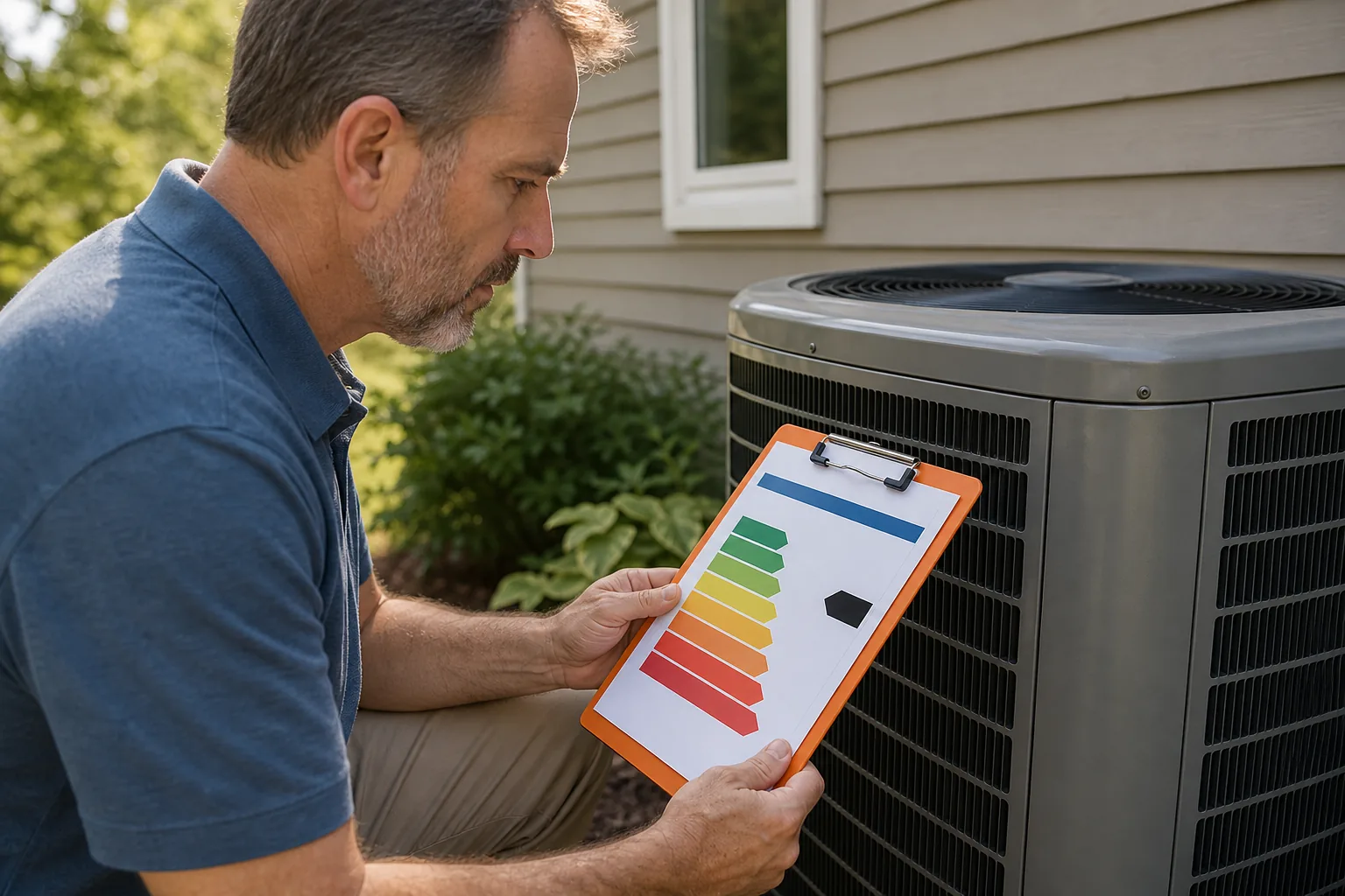 homeowner reading a SEER2 HVAC efficiency rating