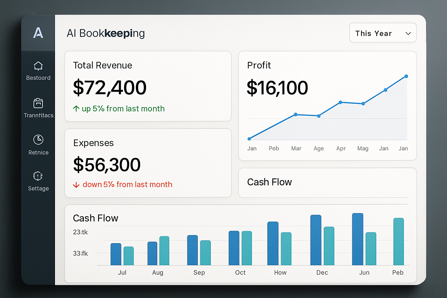Dashboard screenshot showing real-time financial analytics from AI bookkeeping software. Alt: Real-time financial insights from AI bookkeeping software.
