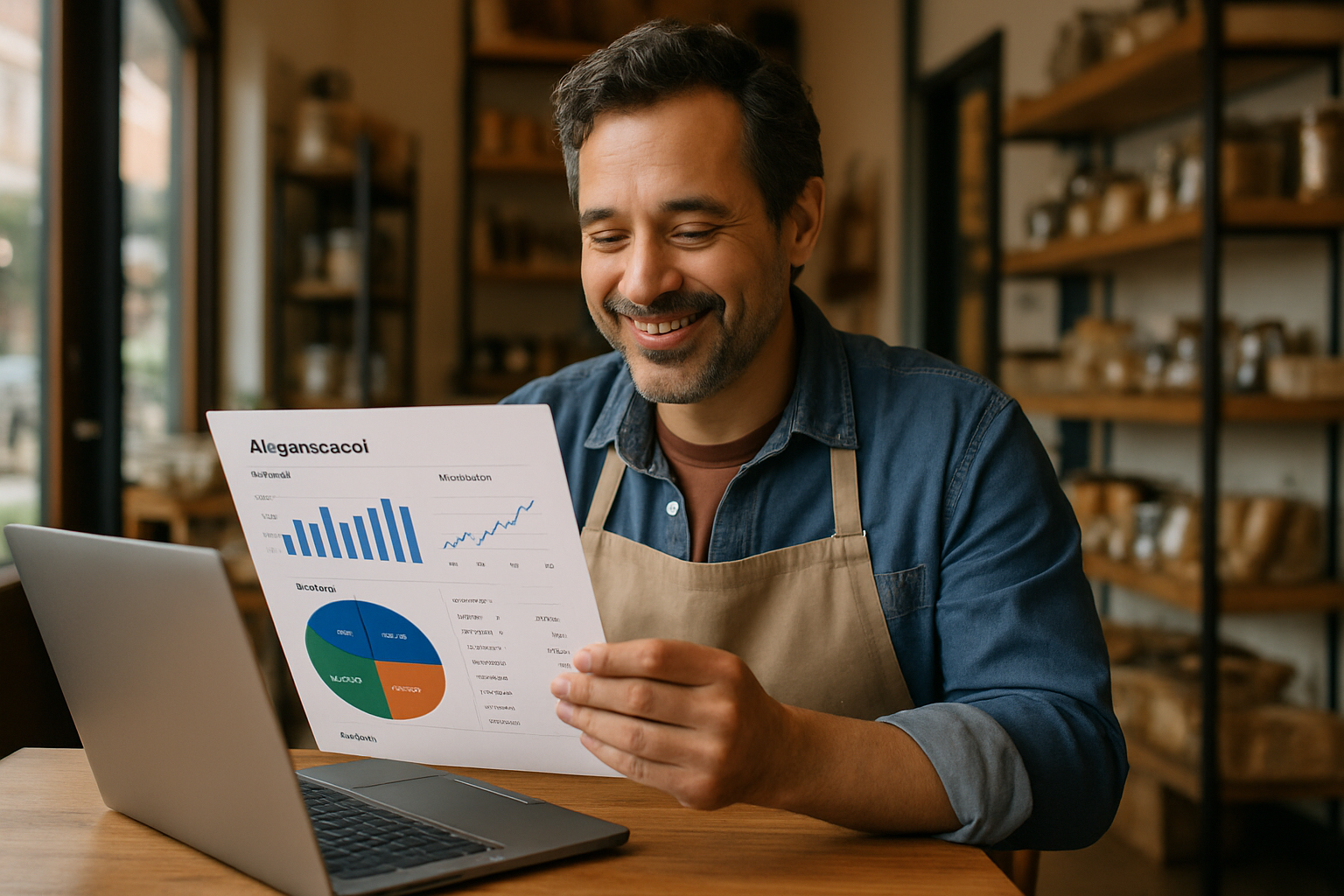 Small business owner happily reviewing AI-generated bookkeeping reports. Alt: Small business leveraging AI bookkeeping software for growth.
