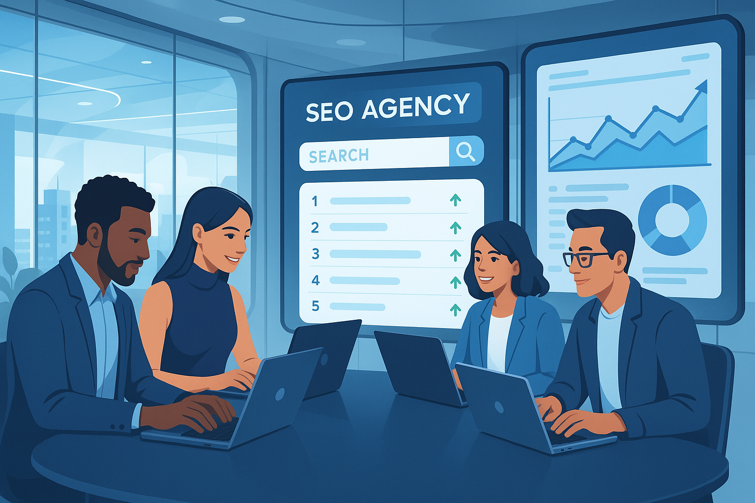 Futuristic startup office scene, a team collaborating with an SEO agency on laptops, with digital charts and search rankings on screens.