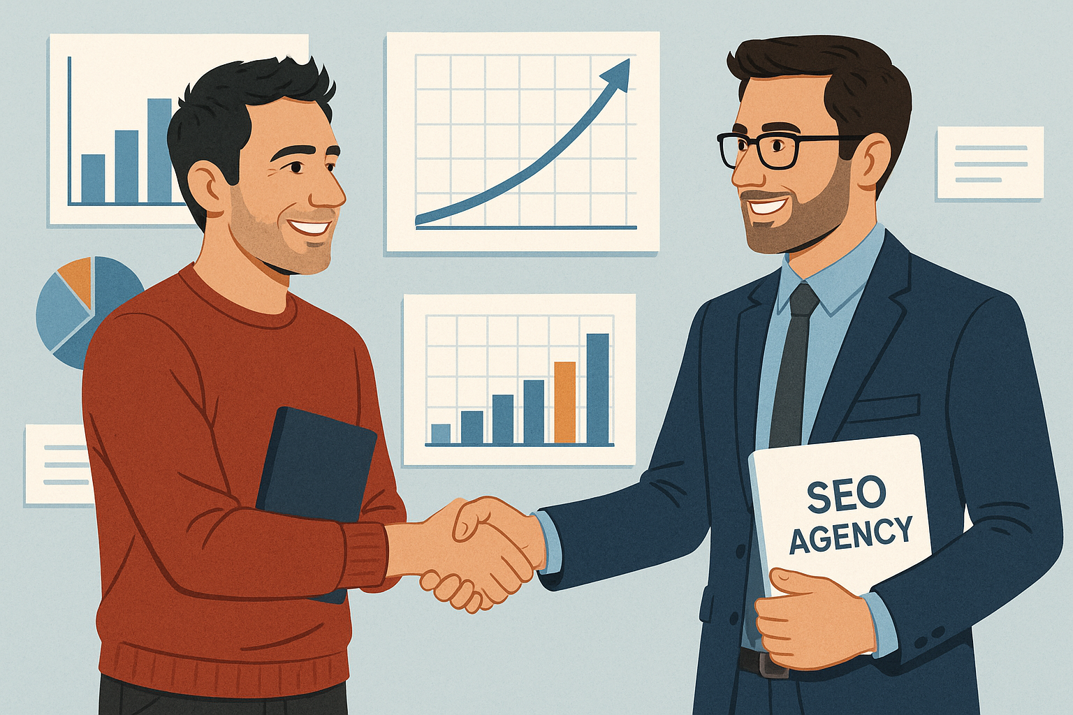 Startup founder shaking hands with an SEO agency consultant, surrounded by charts and graphs showing growth.
