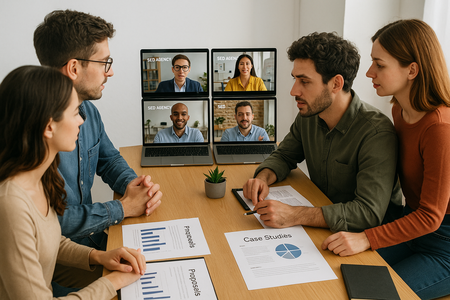 A startup team interviewing several SEO agencies on video calls, comparing proposals and case studies.