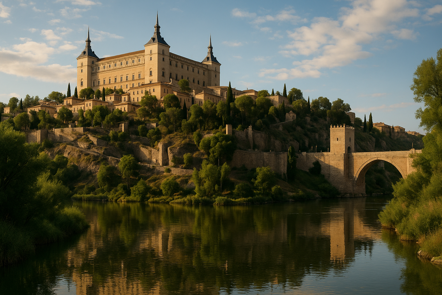 Bus Hire for a Toledo Day Trip from Madrid A breathtaking view of the Alcázar of Toledo from the riverbanks. Alt: Scenic view of the Alcázar