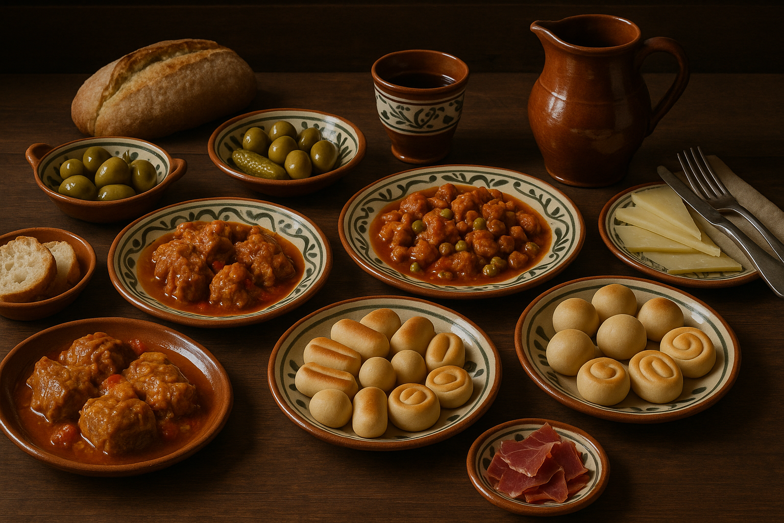 Bus Hire for a Toledo Day Trip from Madrid A table set for traditional Toledan dining, showcasing marzipan and other local delights. Alt: Traditional meal in Toledo