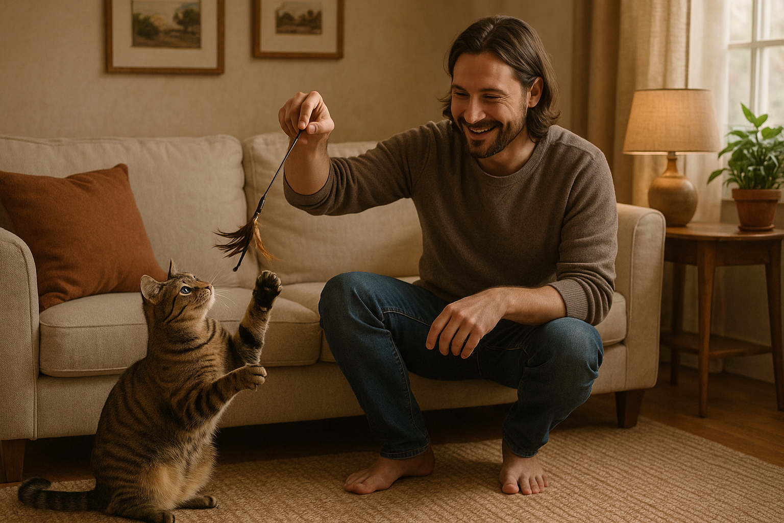 A cozy living room scene with a human playing with a cat using a wand toy. Alt: owner playing with cat using feather wand toy.