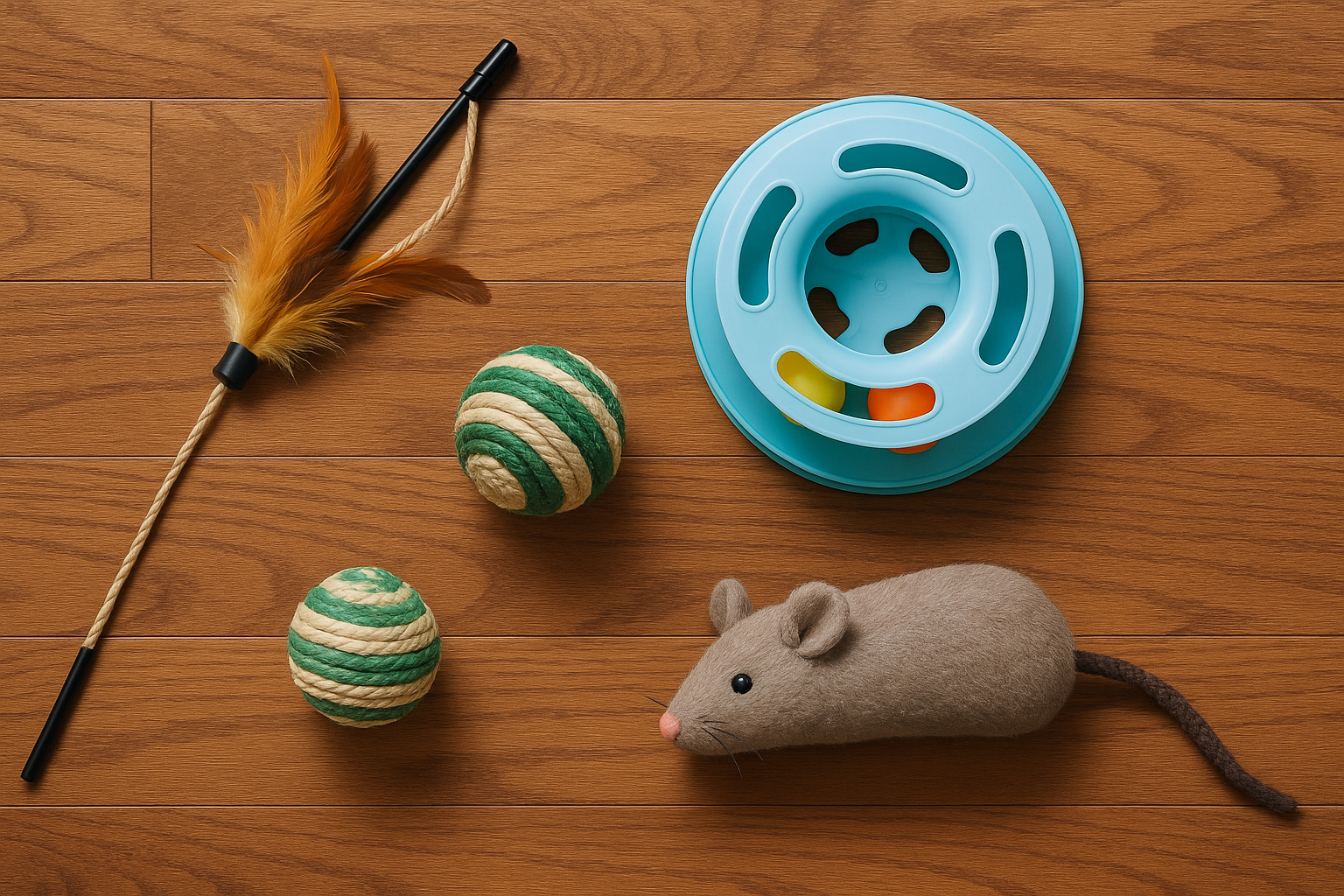 A flat lay of different types of cat toys: wand, ball, puzzle feeder, plush mouse. Alt: assortment of cat toys on wooden floor.