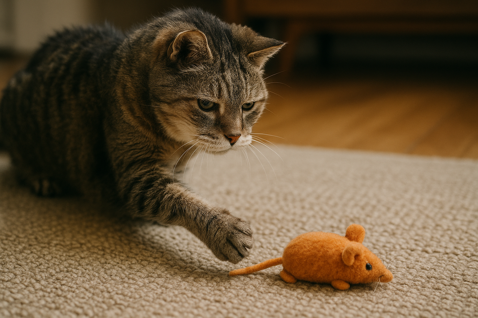 Senior cat gently batting a low-moving plush toy on a rug. Alt: older cat playing with slow-moving plush toy.