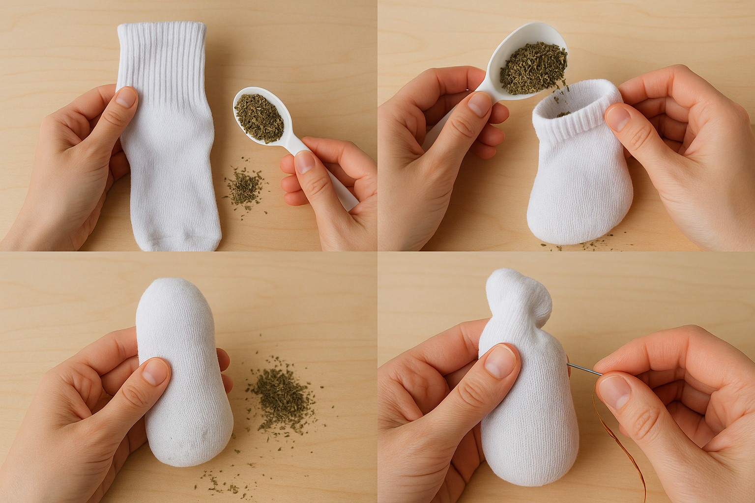 Step-by-step photo prompts for making a catnip sock toy. Alt: hands filling a sock with catnip and sewing shut.