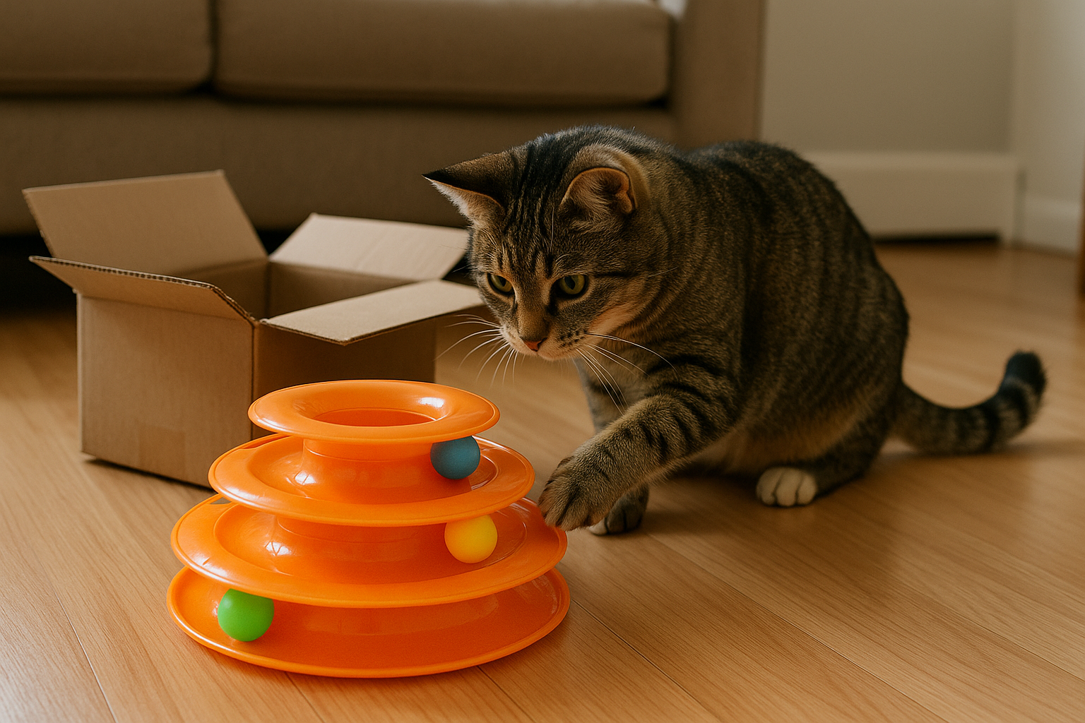 A resident cat investigating a newly unboxed tower-of-tracks toy. Alt: cat cautiously pawing at ball track toy.