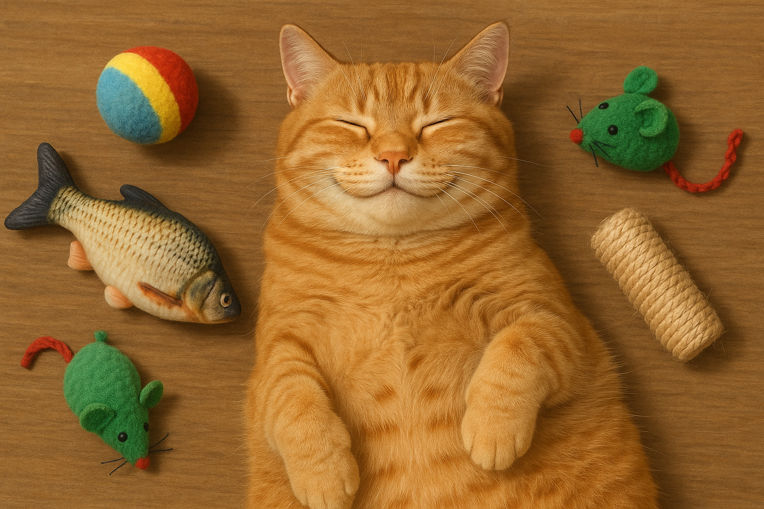 A happy cat lying next to a selection of rotated toys, looking satisfied. Alt: content cat with toys.