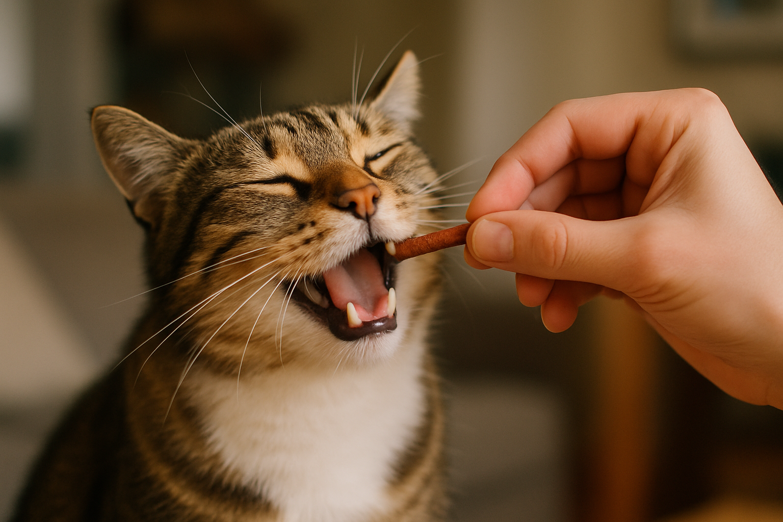 A happy cat eagerly receiving a treat from its owner. Alt: Cat treats being given to a joyful feline companion.