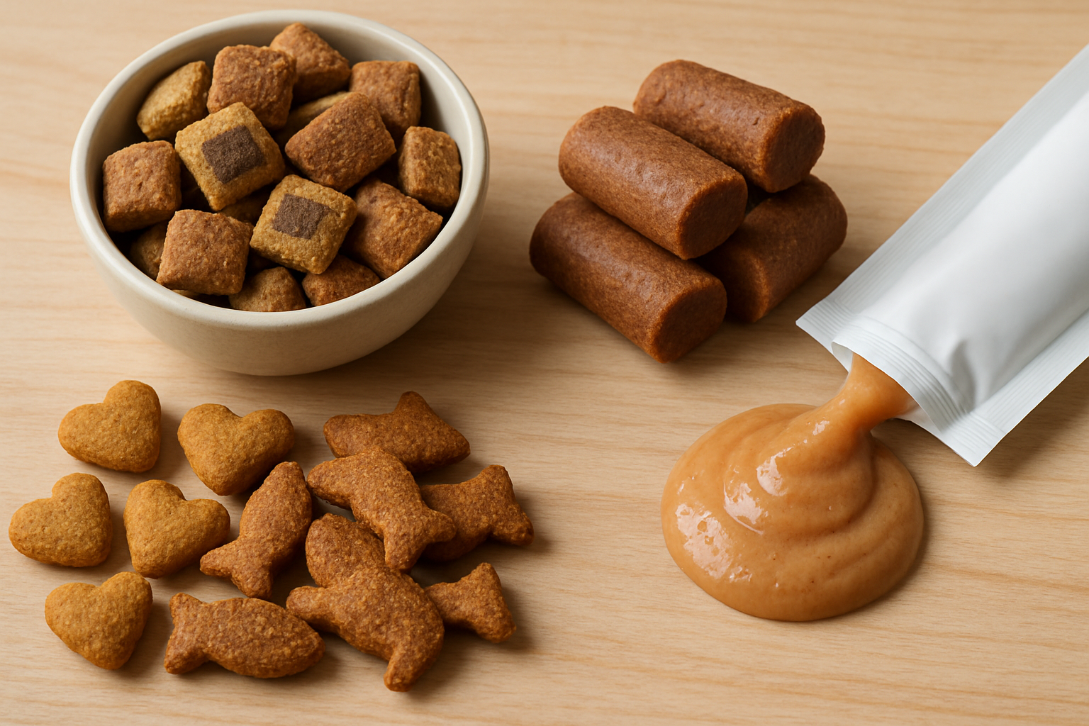 Different types of cat treats including crunchy, soft, and lickable varieties. Alt: Variety of cat treats showcasing textures and flavors.