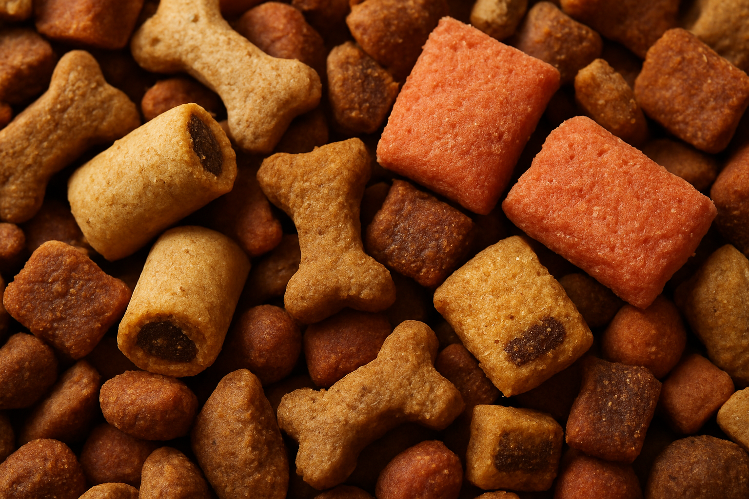 Close-up of various cat treats with different textures and flavors. Alt: Close-up of cat treats highlighting texture and flavor variety.