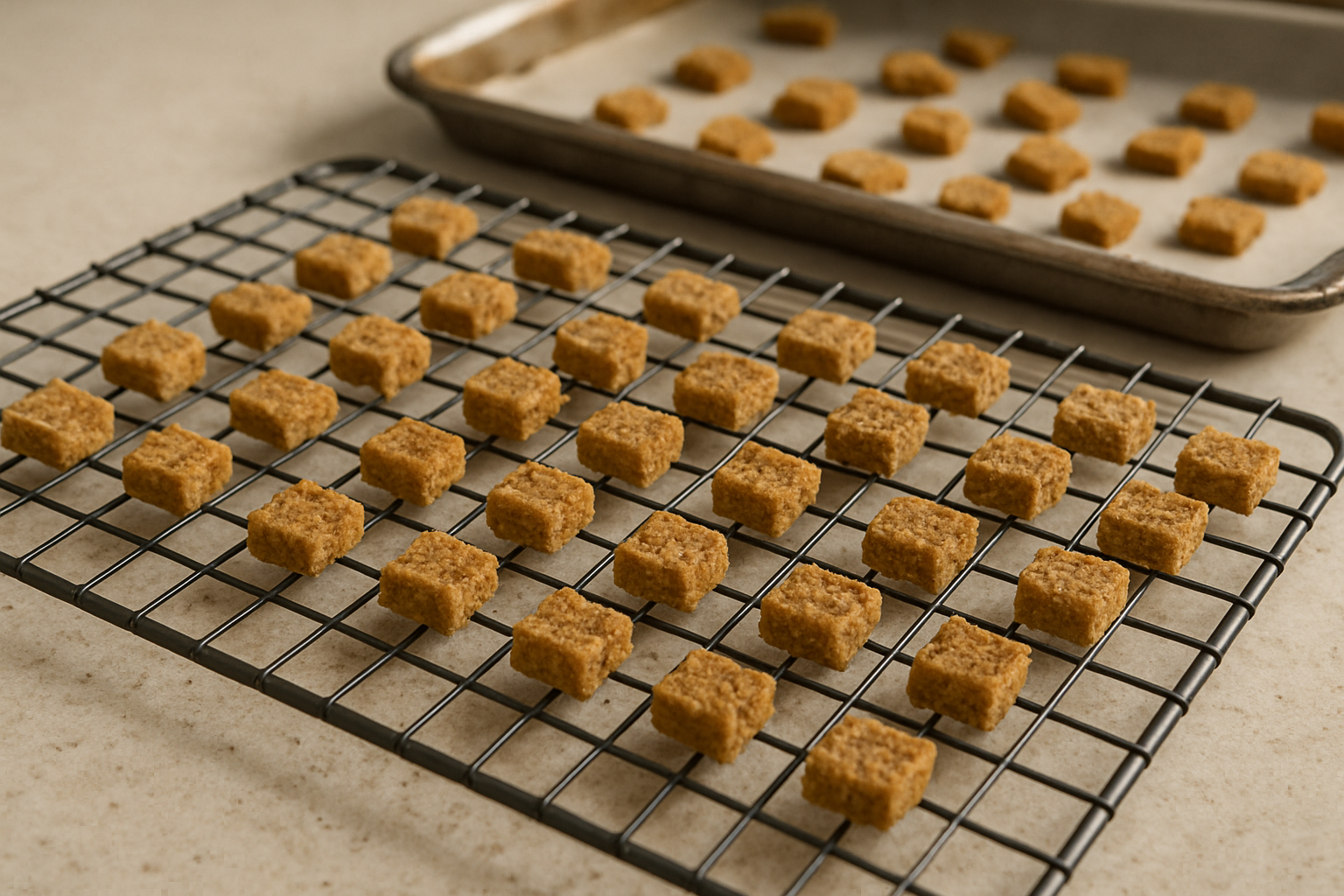 Homemade tuna cat treats cooling on a wire rack with a baking tray in the background. Alt: Homemade crunchy tuna cat treats.