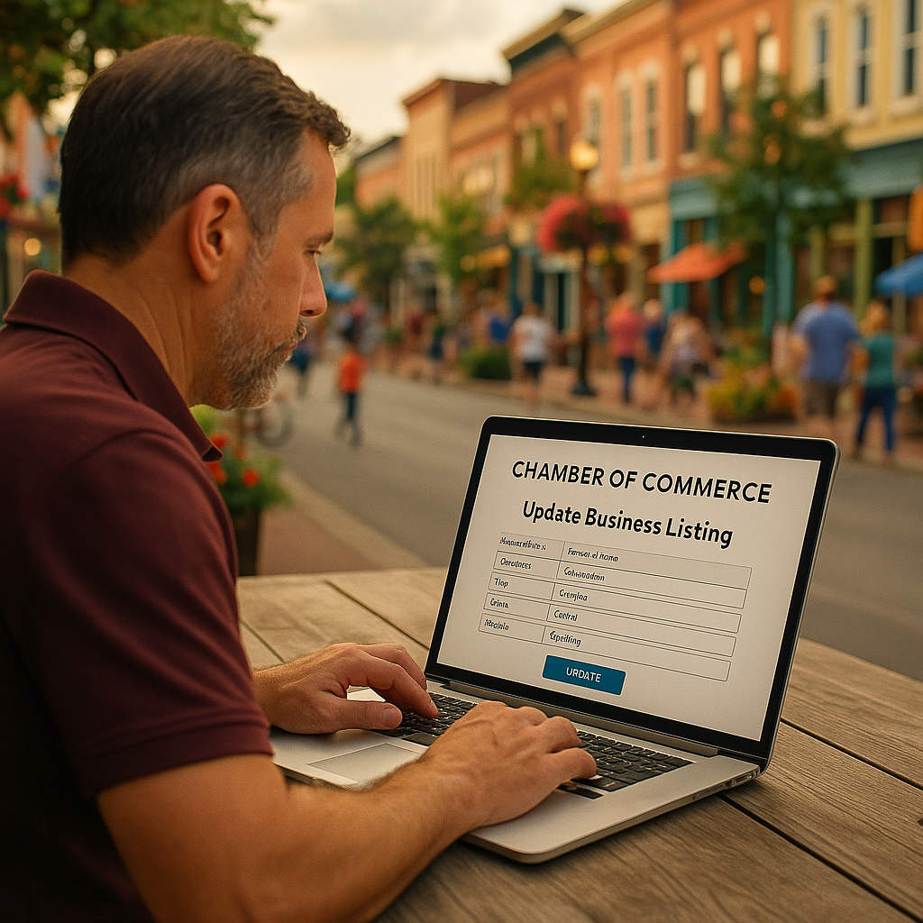 A local business owner updating their chamber of commerce business listing on a laptop, with a vibrant community background.