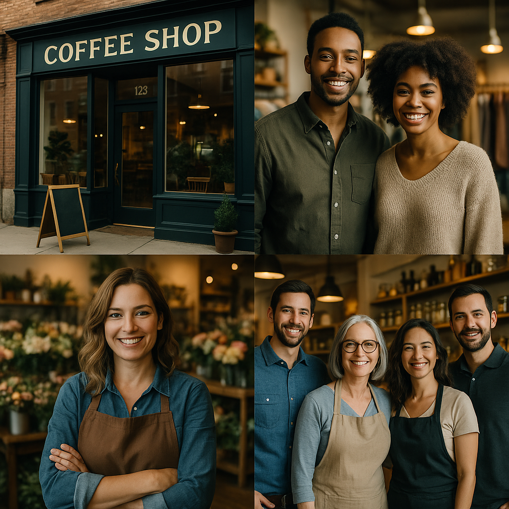 A gallery of local business listing images—storefronts, happy customers, and team photos—optimized for web and mobile.