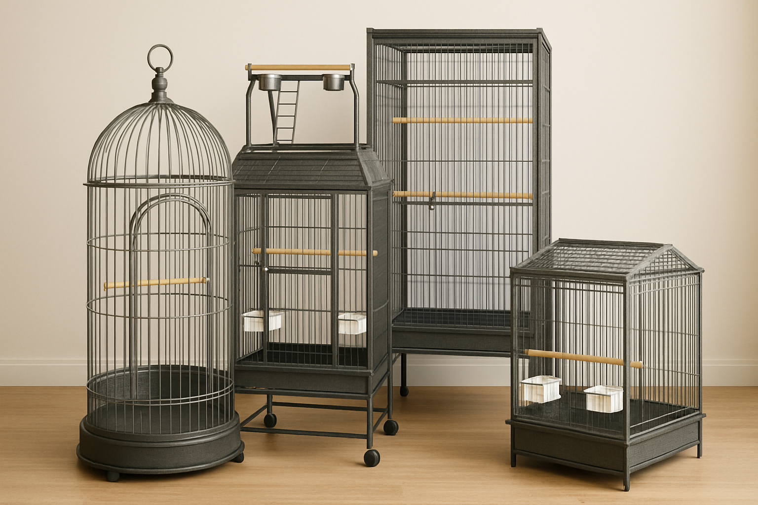 A variety of bird cages including dome, play-top, flight cage, and tabletop styles, showing diversity in bird housing options. Alt: Different types of bird cages to suit various bird species and owners.