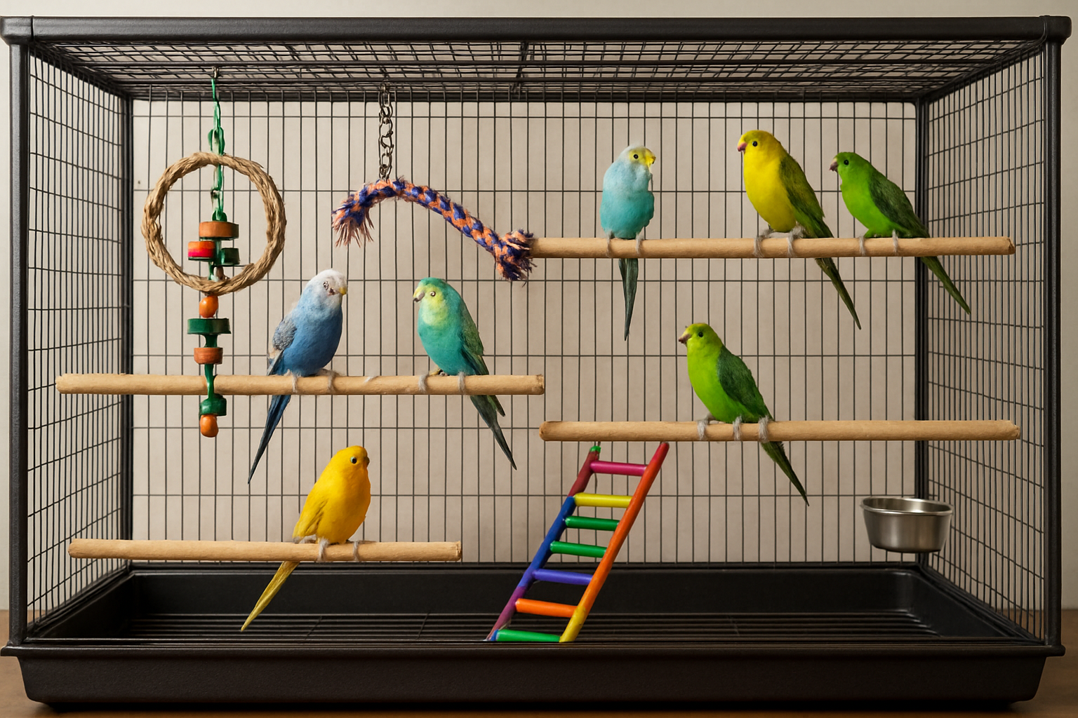Spacious rectangular bird cage with multiple perches and toys housing several birds comfortably. Alt: Spacious bird cage suitable for multiple birds ensuring ample space and comfort.