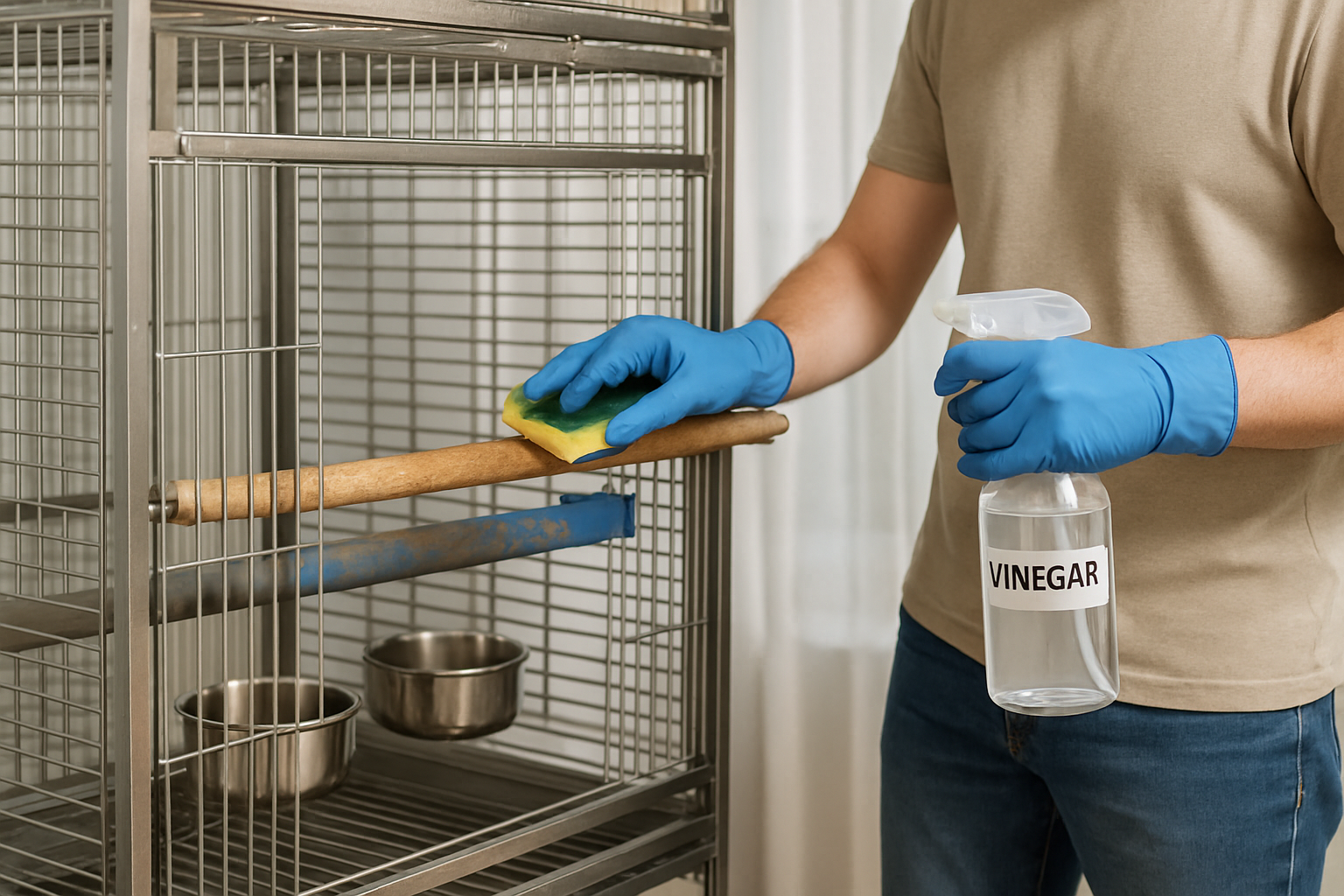 Owner cleaning a large stainless steel bird cage using vinegar solution and scrubbing perches. Alt: Regular bird cage cleaning maintaining hygiene in a bird cage.