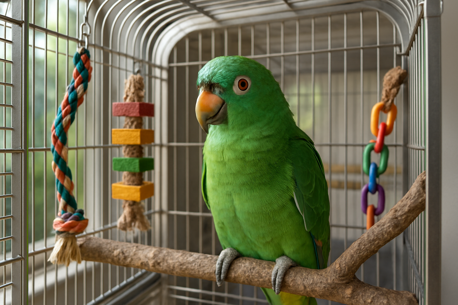 A happy parrot perched inside a spacious stainless steel bird cage with colorful toys and natural light. Alt: Comfortable and safe bird cage environment for parrots.