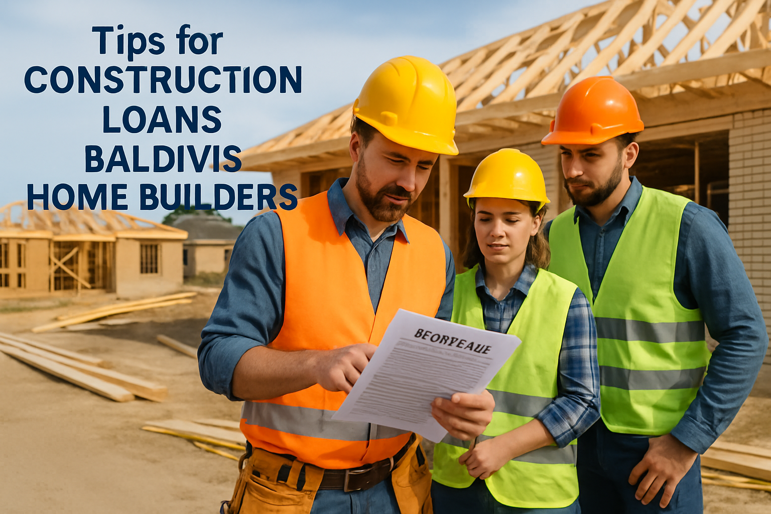 Baldivis residential construction site with workers and mortgage documents. Alt: Tips for construction loans baldivis home builders.