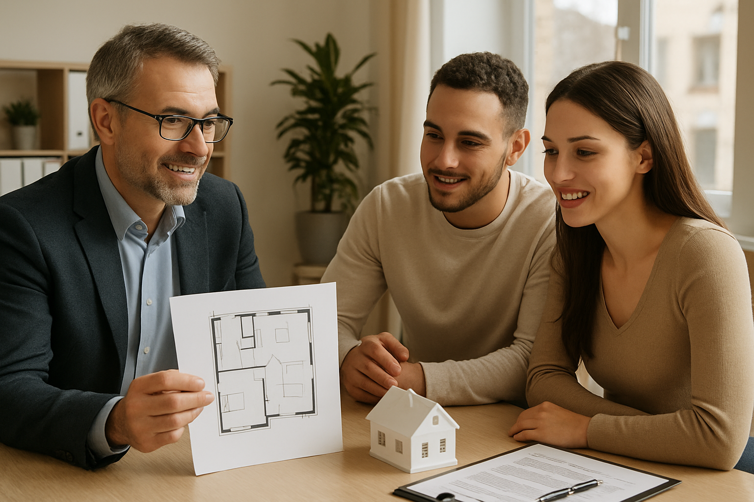 Expert mortgage broker consulting a young couple with home plans in Baldivis. Alt: Personalized construction loans Baldivis advice and mortgage broking.