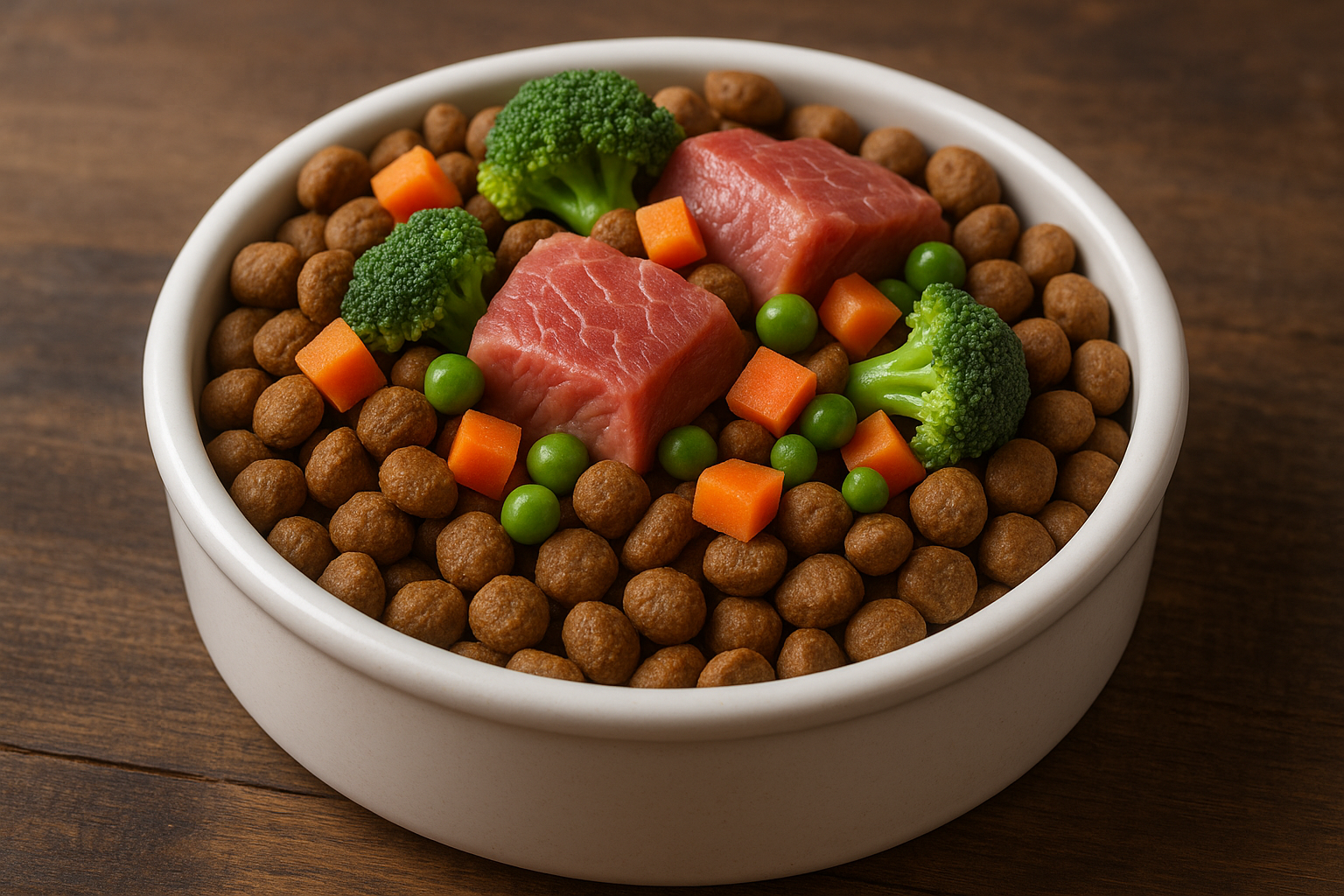 Bowl of premium dry kibble showcasing balanced nutrition with meat and vegetables