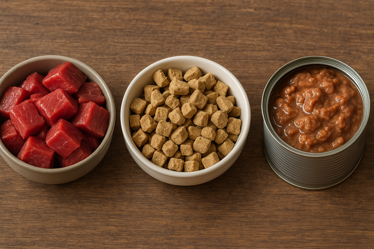 Selection of raw, freeze-dried, and canned dog food options side by side