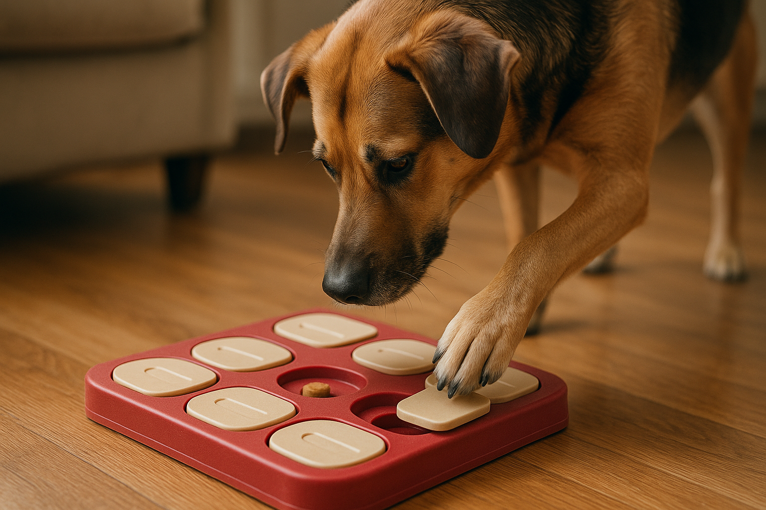 A dog solving a treat puzzle