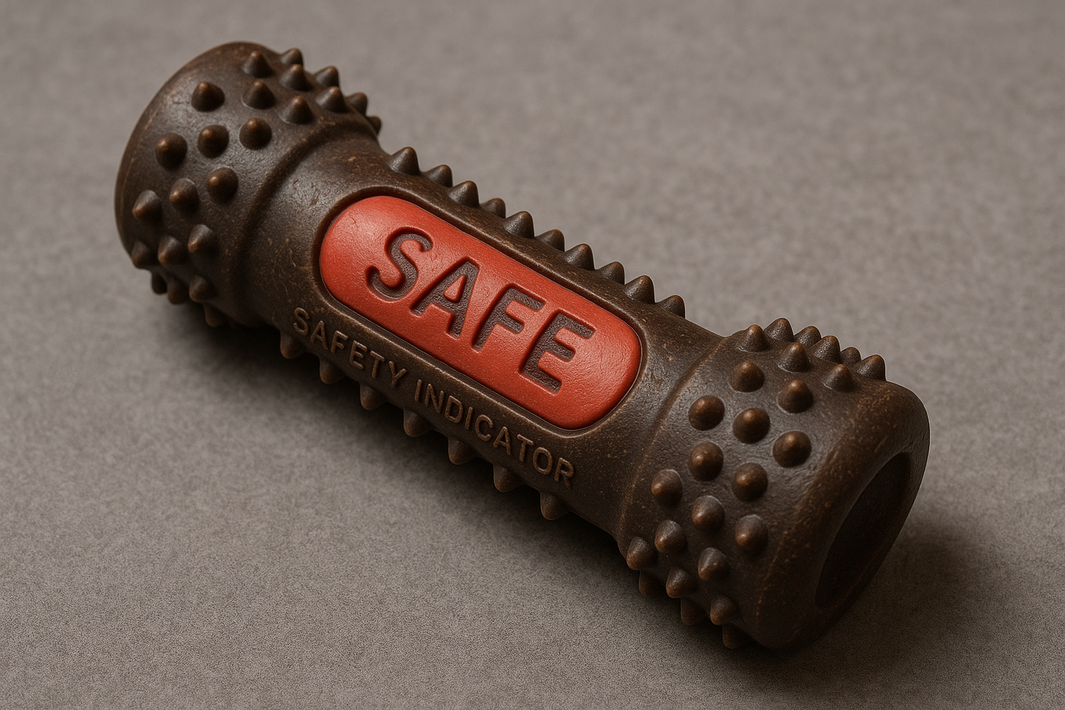 A tough chew toy with visible safety indicator