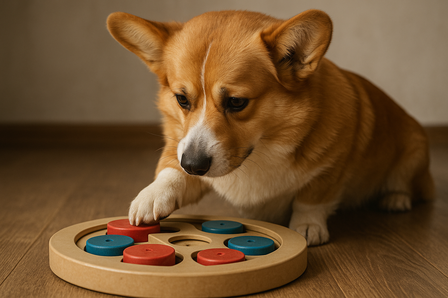 A corgi introspectively solving a puzzle toy