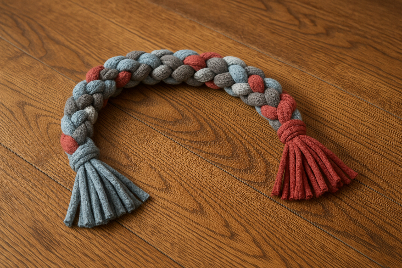 Braided T-shirt rope toy on a wooden floor