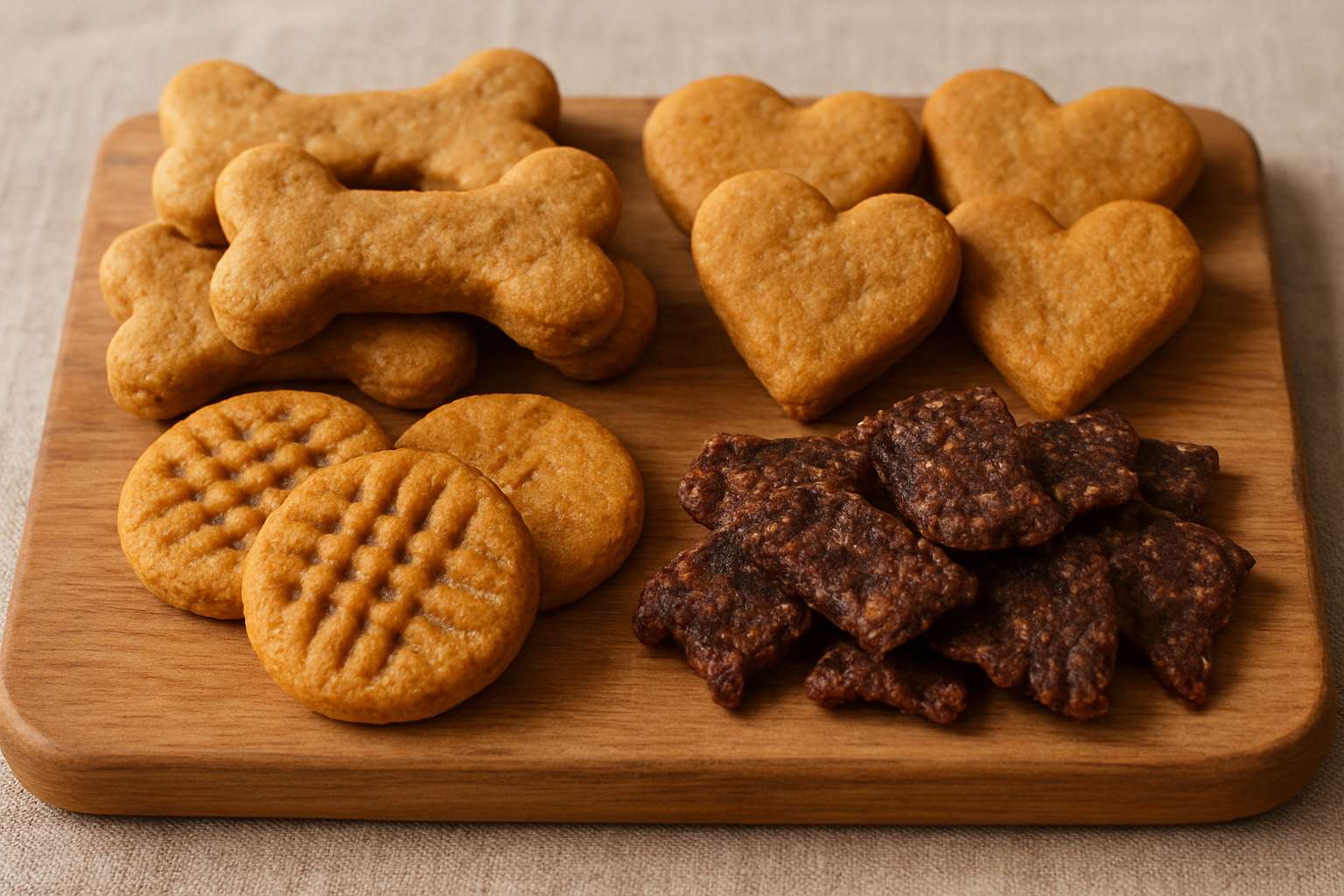 Assorted homemade dog treats on a wooden board. Alt: Healthy homemade dog treats including peanut butter and beef options for dogs.
