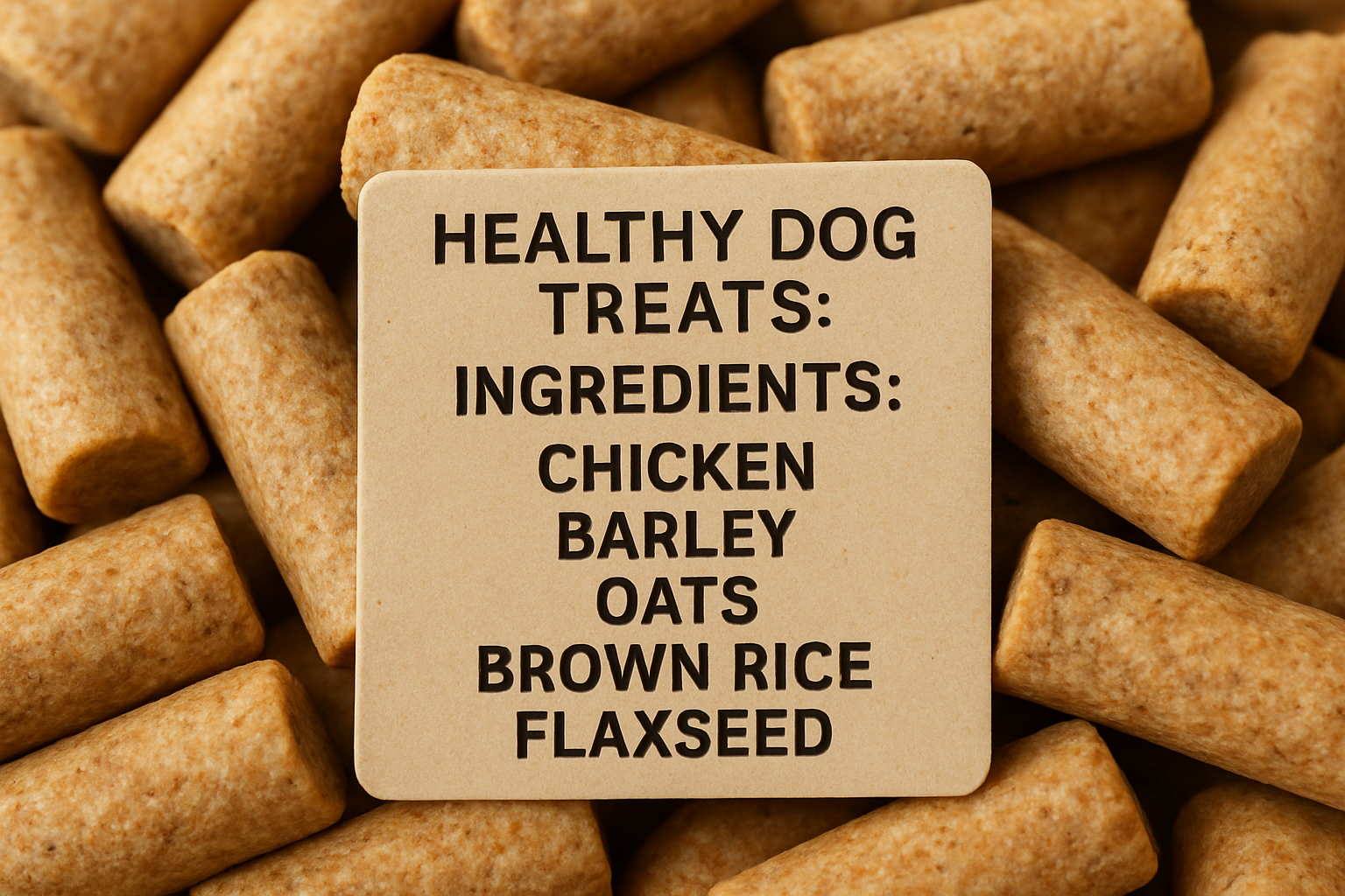 Close-up of healthy dog treats with ingredient list focus. Alt: High-quality dog treats with natural ingredient labels for dog health.