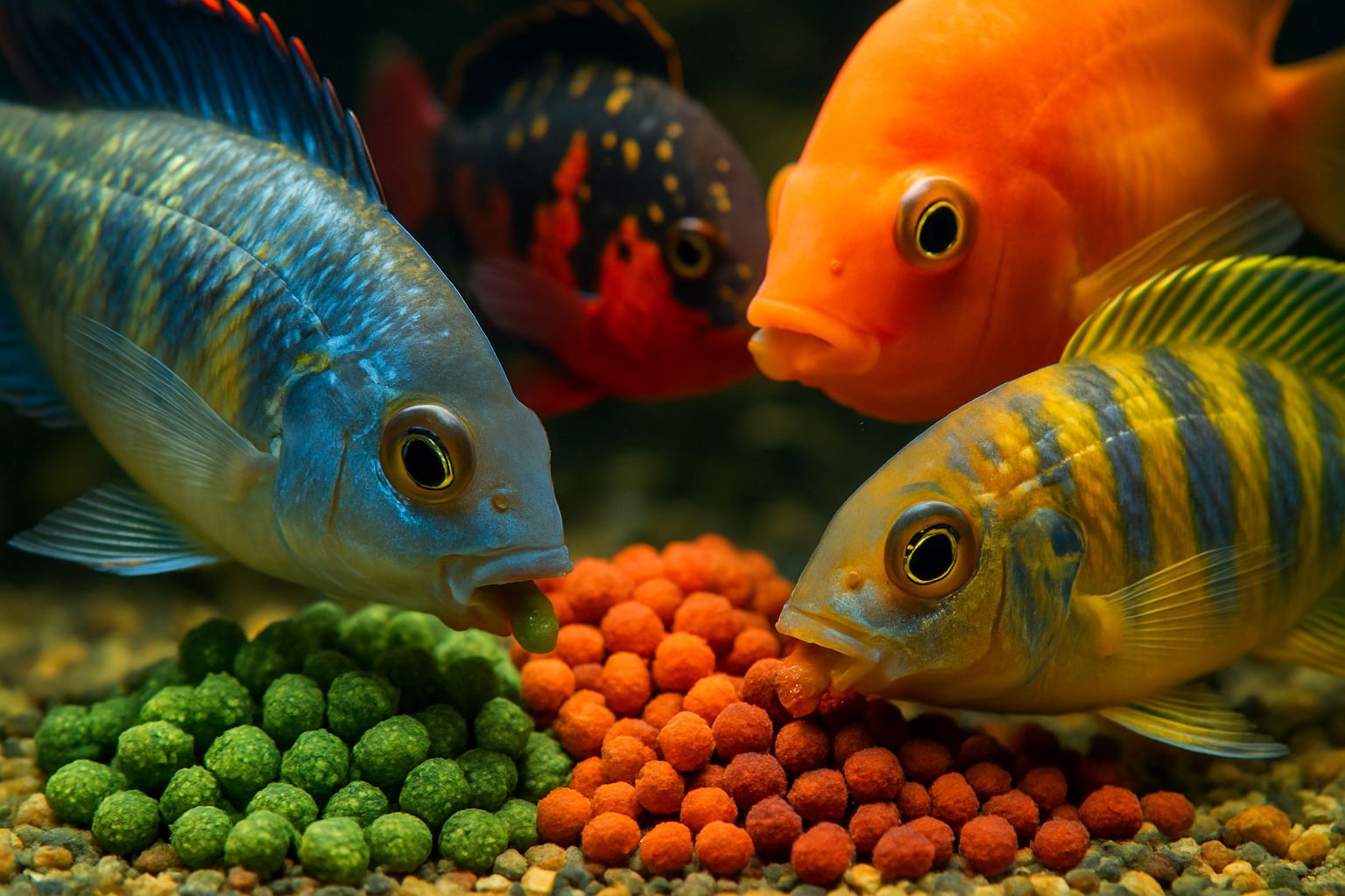 Close-up of colorful aquarium fish eating pellets, showing distinct varieties of fish food. Alt: Fish food pellets feeding aquarium fish vibrant nutrition