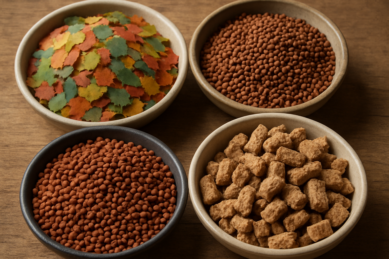 Assortment of aquarium fish food types including flakes, pellets, and freeze-dried options in bowls. Alt: Diverse fish food types for aquarium nutrition